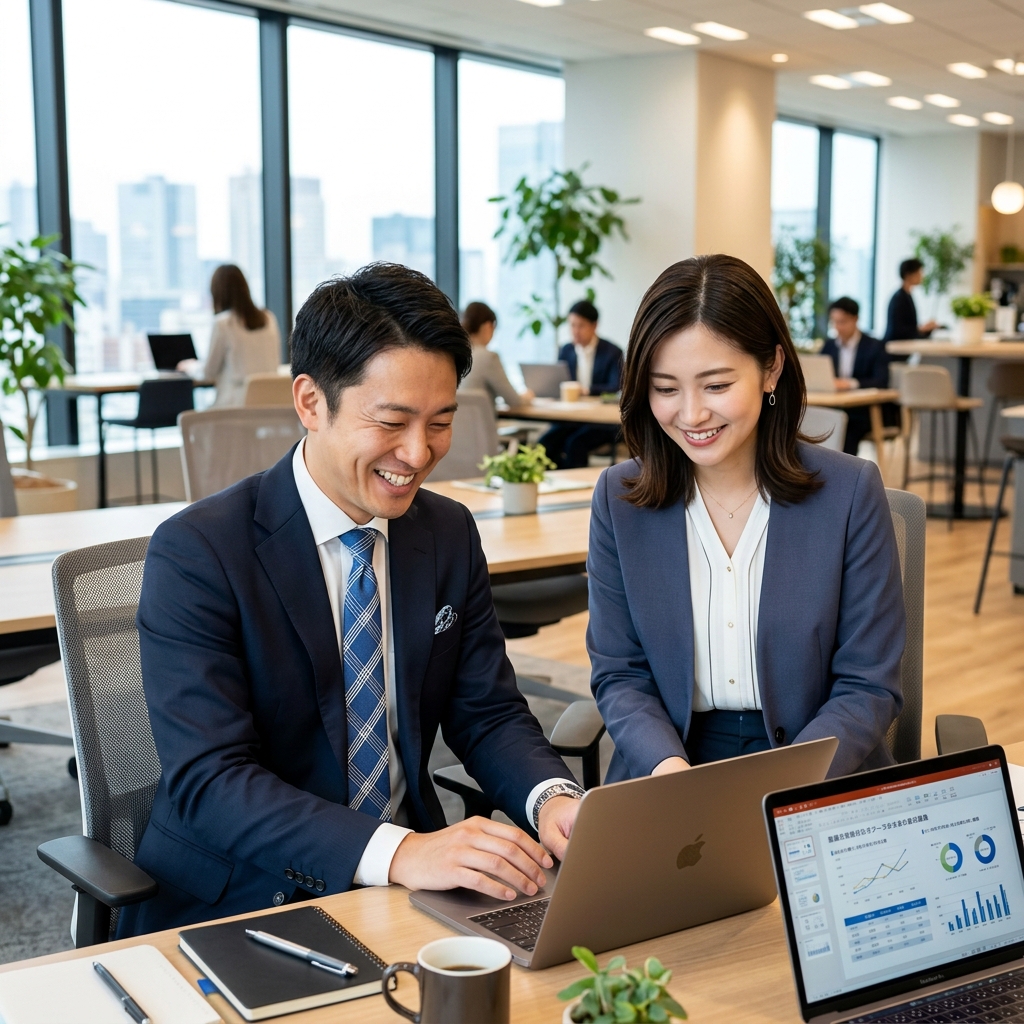 笑顔でPCを見せる日本人ビジネスパートナー